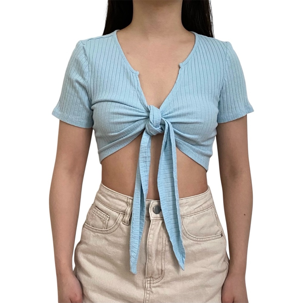 SHEIN Solid Light Blue Tie-Front Ribbed Short Sleeves Crop Top Women's Size XS